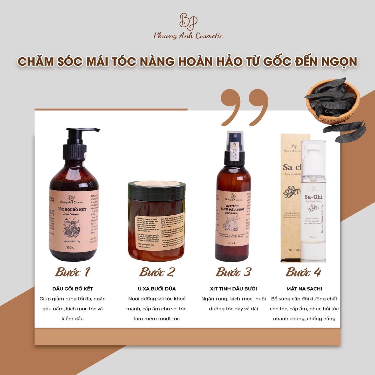 Combo Cốt Gội Bồ Kết + Xả + Serum - (Combo 5 Món)